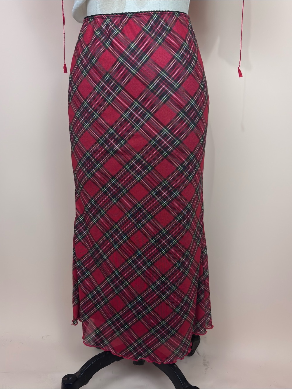 Red Tartan Plaid Mesh 90s Midi Skirt Small - Picture 7 of 7